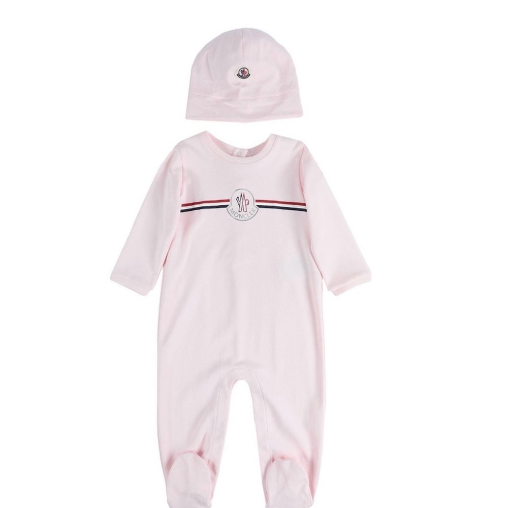 Moncler Light Pink Baby Footie with Hat